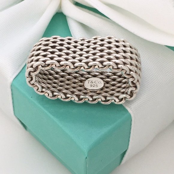 Size 9 Tiffany & Co Sterling Silver Somerset Mesh Weave Unisex Ring - Picture 2 of 5